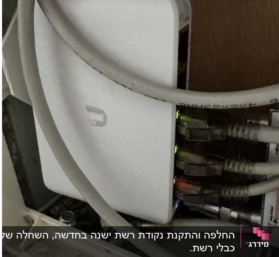 נתב רשת עם כבלים מחוברים ונורות פעילות